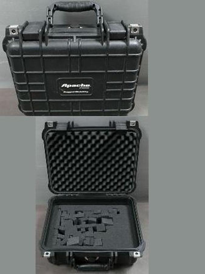 Used APACHE 2800 PISTOL TRANSPORTATION HARD SIDE BLACK CARRY CASE. THE APACHE 2800 IS A DURABLE AND RELIABLE HARD PISTOL CASE DESIGNED FOR GUN STORAGE AND TRANSPORTATION. MADE OF RIGID PLASTIC IN A SLEEK BLACK COLOR