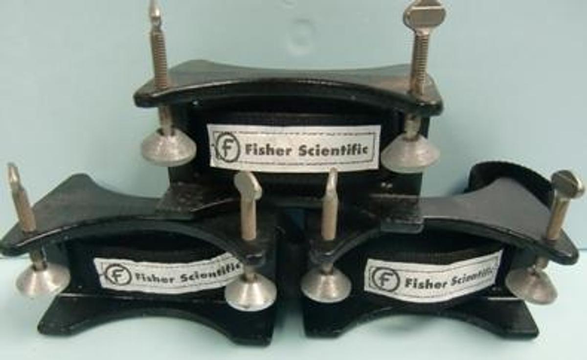 Used FISHER SCIENTIFIC 85865 LAB GAS BOTTLE BRACKET HOLDER CAST IRON NYLON TANK STRAP.