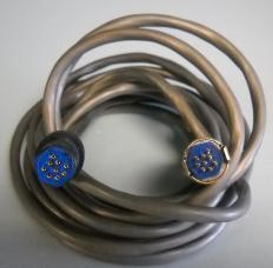 Used AMPHENOL EQUIPMENT CORD GREY 11' 10" OCTAGON LOCK 9 PIN MALE X OCTAGON 9 PIN FEMALE LOCK.