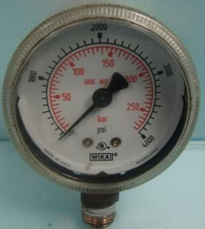 Used WIKAI PRESSURE GAUGE PART NO. 334962-1 11L1153.4000 READING 0-4000 PSI 0-275 BAR C US UL LISTED.
