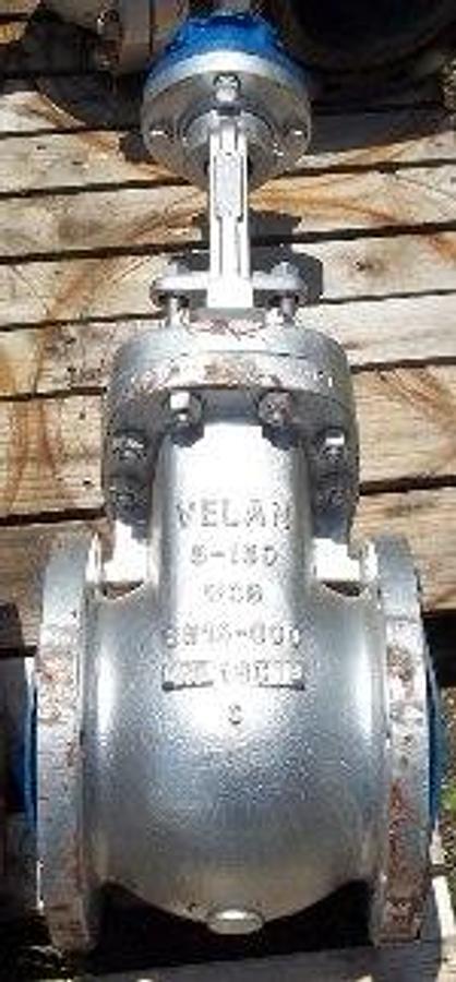 Used QTY. 1. VELAN 8" 150 RAISED FACE FLANGED GATE VALVE WCB (WELD ABLE CARBON BODY) 8-150 WBC 8516-000 BNL18C18. THIS GATE VALVE IS SETUP FOR A MOTORIZED OPERATOR NO HAND WHEEL.