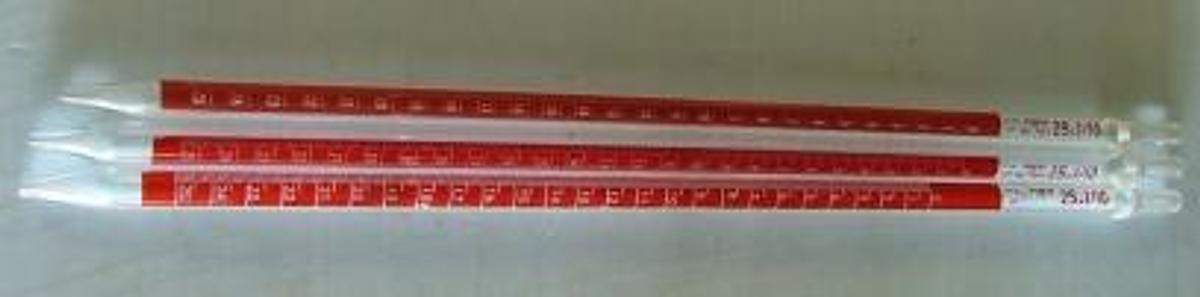 Used QTY. 1. GLASS PIPETTES: 25ML GRADUATED WITH RED INDICATOR STRIP