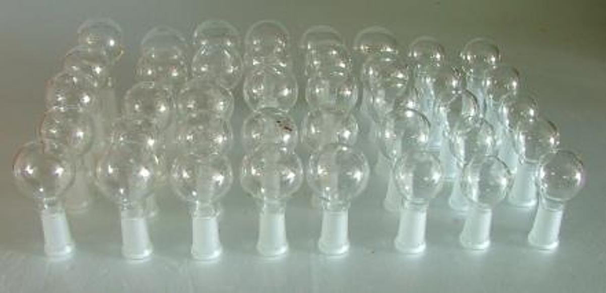 Used PYRX 60 ML ROUND BOTTOM BOILING FLASK WITH GROUND GLASS NO STOPPER.