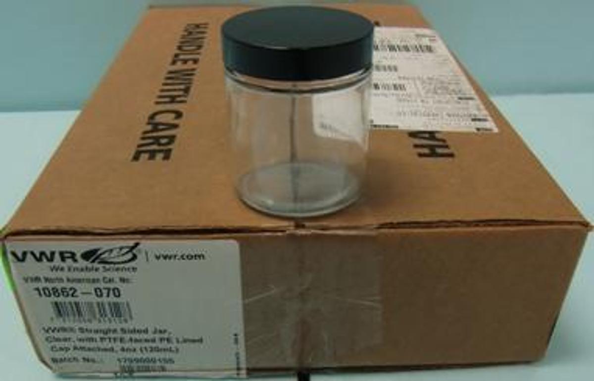 Used CASE OF 24 EACH VWR CAT. NO. 10862-070 STRAIGHT SIDED JAR CLEAR WITH PTFE-FACED PE LINED