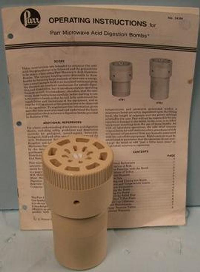 Used QTY. 1. PARR INSTRUMENT 4782 MICROWAVE ACID DIGESTION SAMPLE PREPARATION BOMB. CONSISTING OF: SCREW CAP