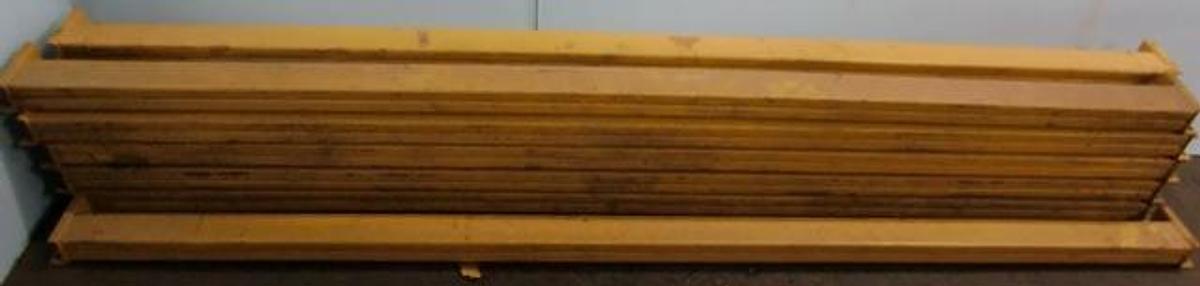 Used PALLET BEAMS 103 ¼" X 3 ¾" YELLOW L BRACKETT 4 SLOTTED HOLE ¾" LIP INSIDE BRACKET.