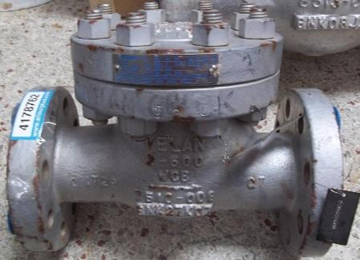 Used QTY. 1. VELAN 2" 600 FLANGED RAISED FACE WCB (WELDABLE CARBON BODY). CHECK VALVE. 2-600 WCB 7510-008 BNK27K07.