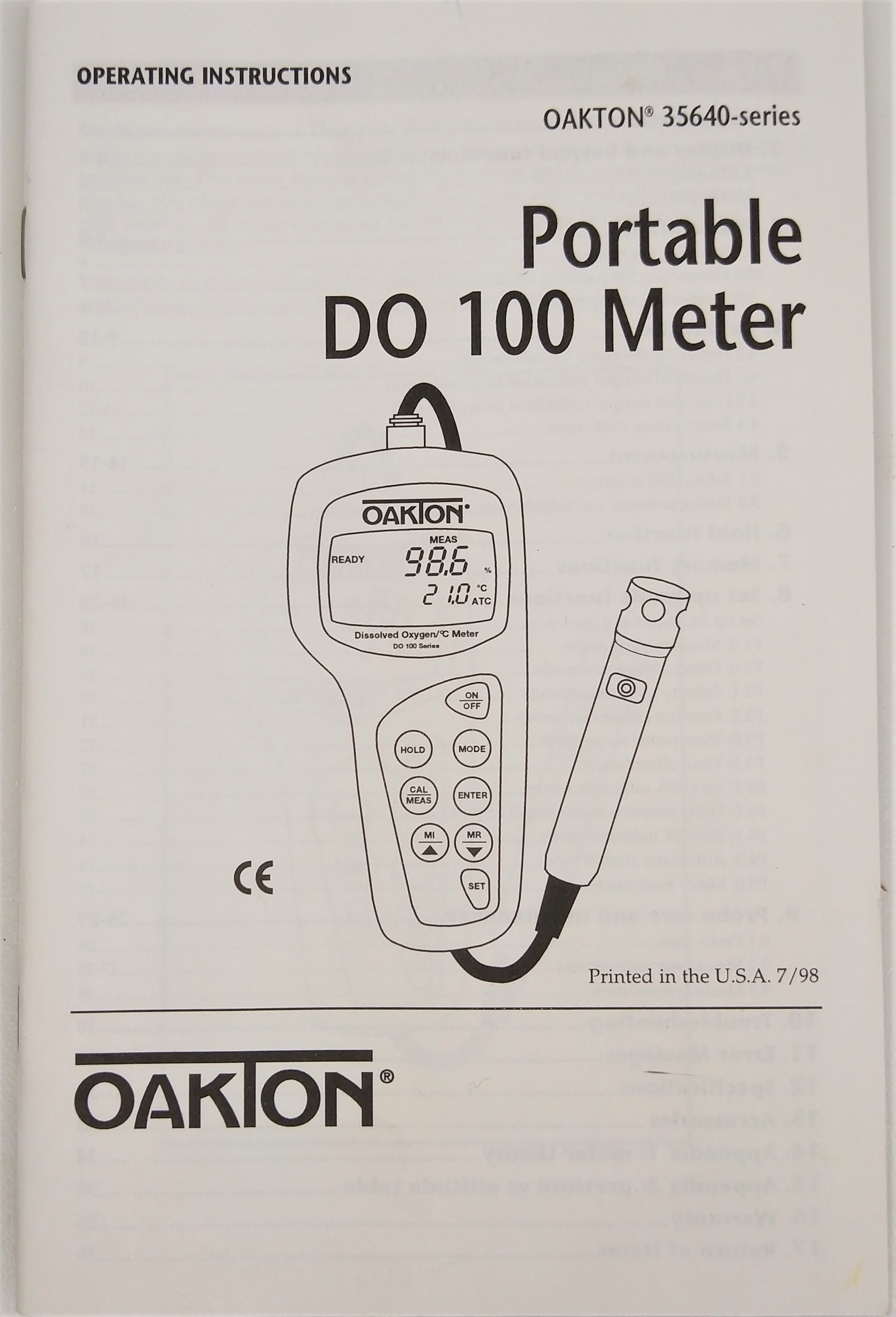 New Open Box Oakton DO 100 Series Portable Dissolved Oxygen Meter with 25-Ft Cable and Probe